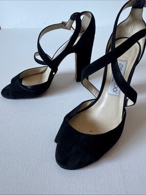 Jimmy Choo Black Suede Crisscross Strap Block Heels